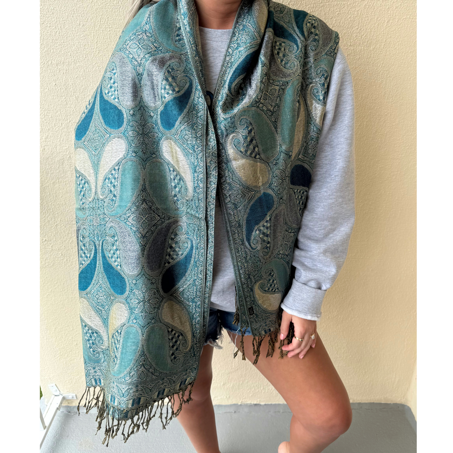 Metallic green paisley pashmina