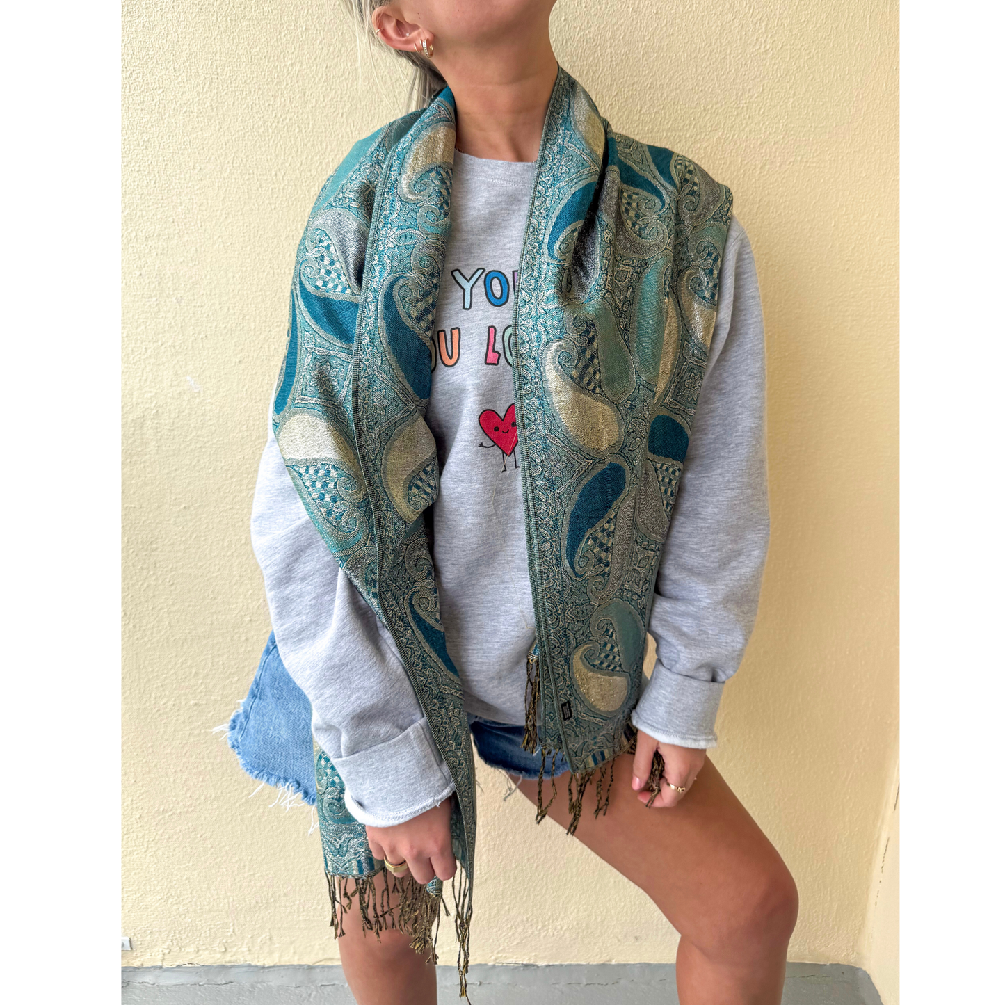 Metallic green paisley pashmina